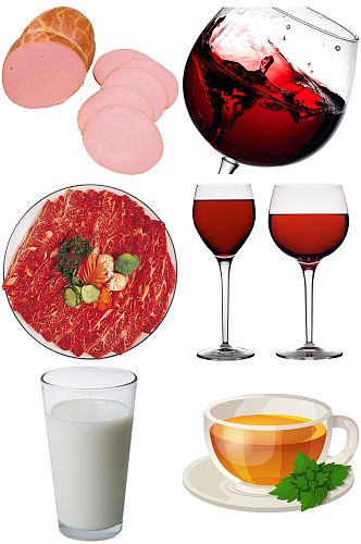火腿香肠红酒牛奶食品创意设计元素素材