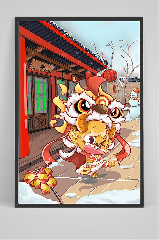 精品手绘福牛舞狮手绘插画设计