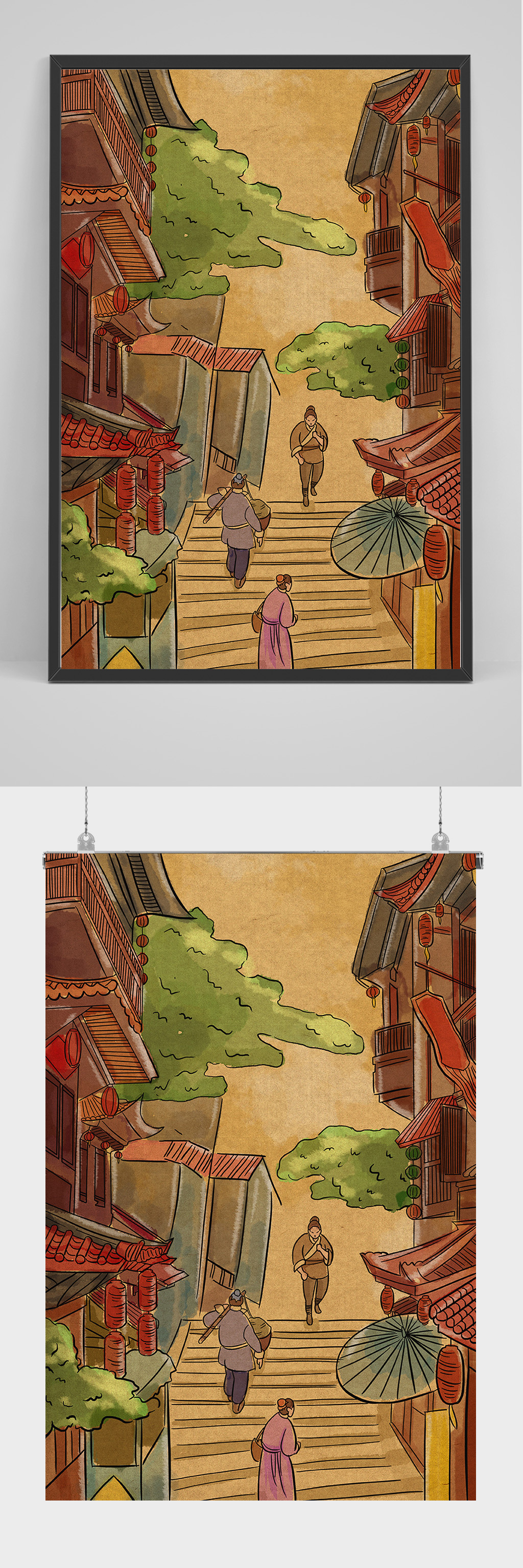 中国怀旧古街道人物手绘插画设计