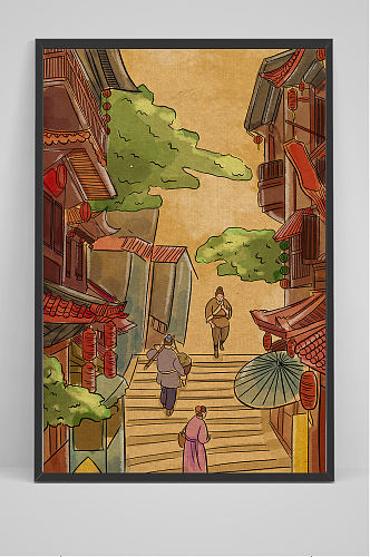 中国怀旧古街道人物手绘插画设计