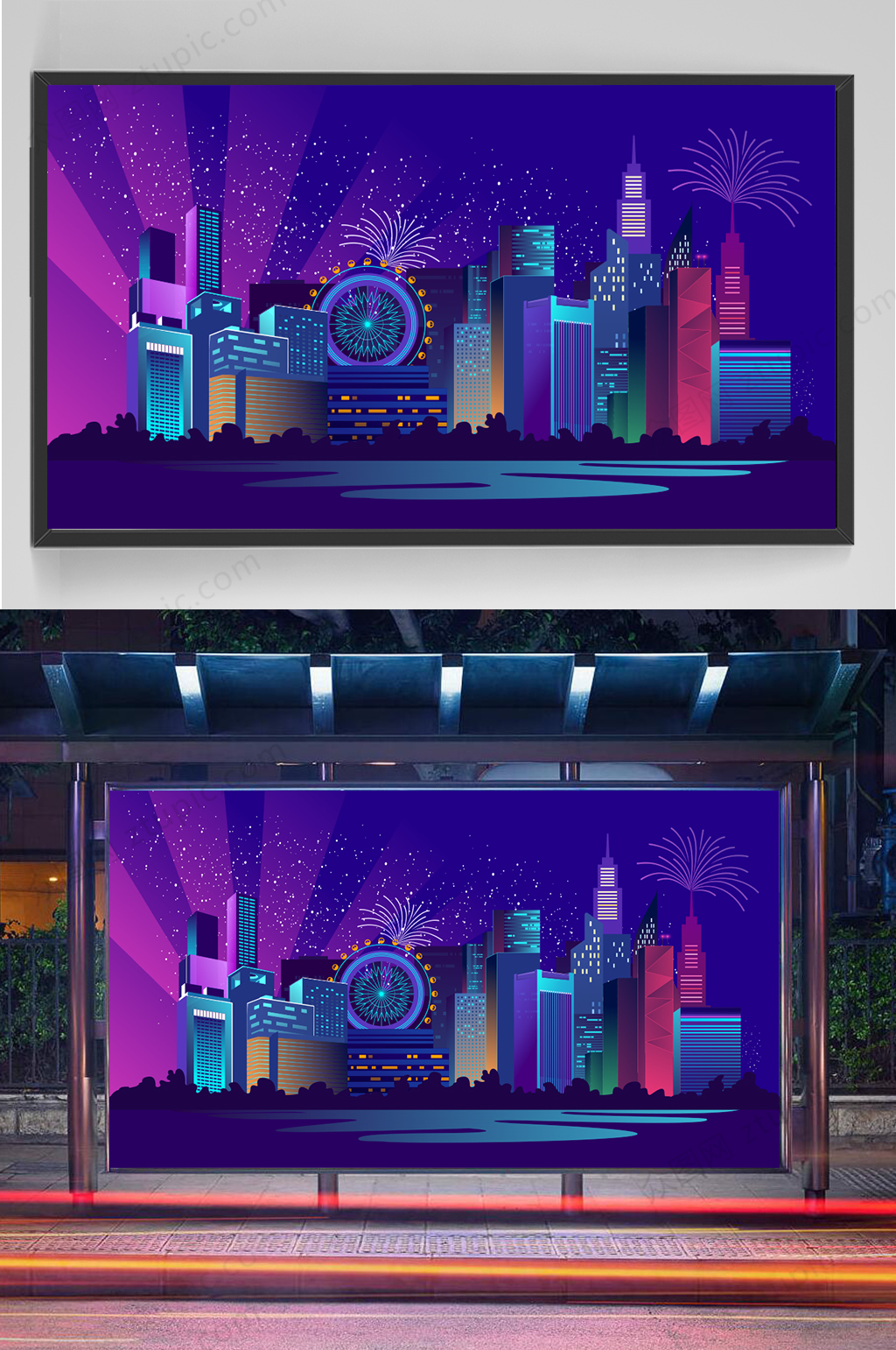 精品新年建筑烟花手绘插画素材设计素材