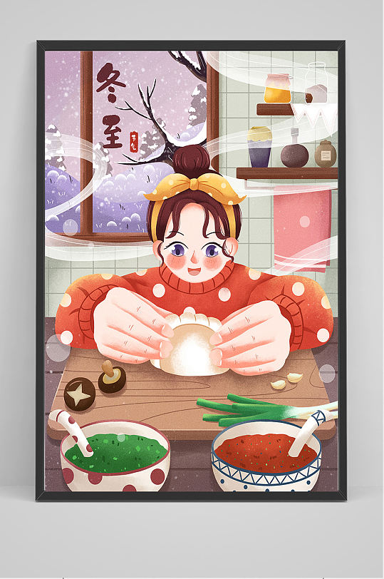 精品女孩包饺子手绘插画设计-众图网