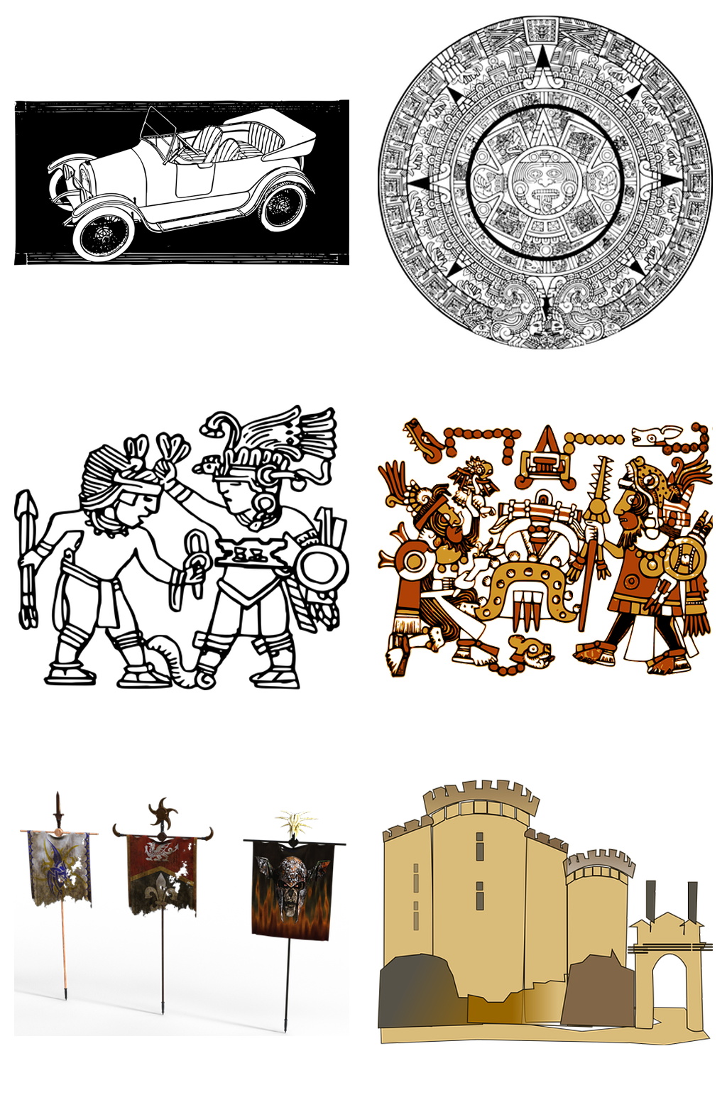 精品古代老爷车轮盘旗帜建筑免抠素材设计素材