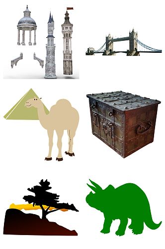 骆驼建筑长桥铁箱树林恐龙免扣素材设计