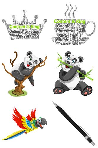 熊猫鹦鹉铅笔咖啡王冠免抠素材设计