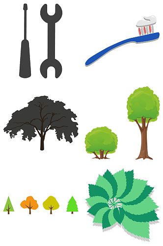 扳手螺丝刀牙刷树木绿植免抠素材设计