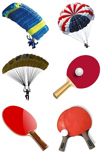 精品乒乓球拍和降落伞免抠素材设计
