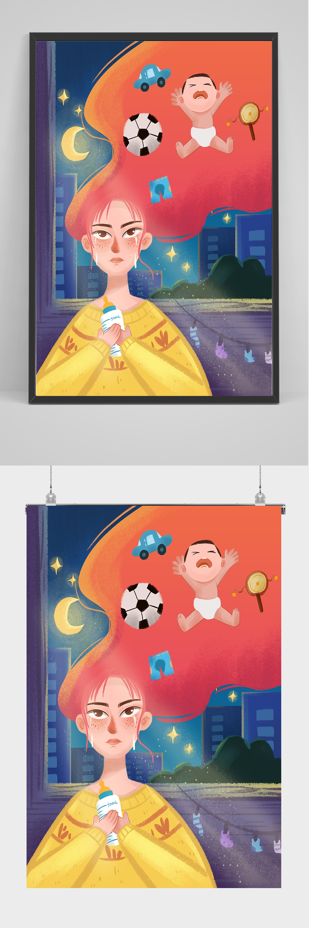 妇女哭泣产后抑郁产后抑郁症插画绘画海报素材