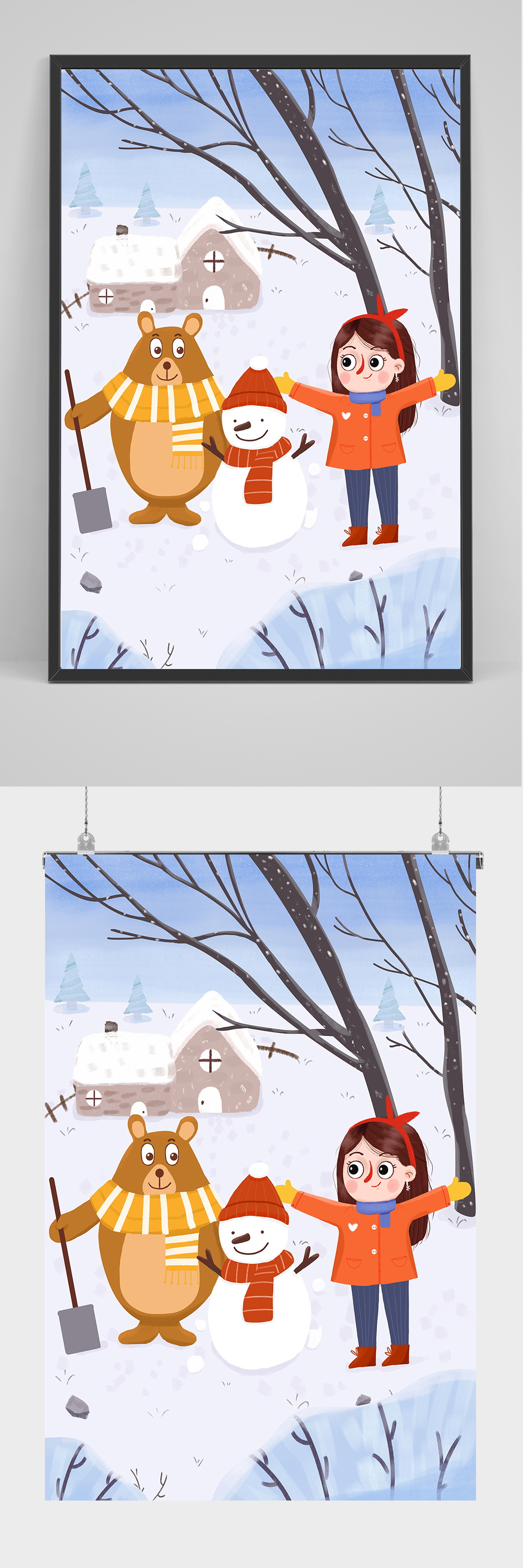 冬天下雪小动物堆雪人素材