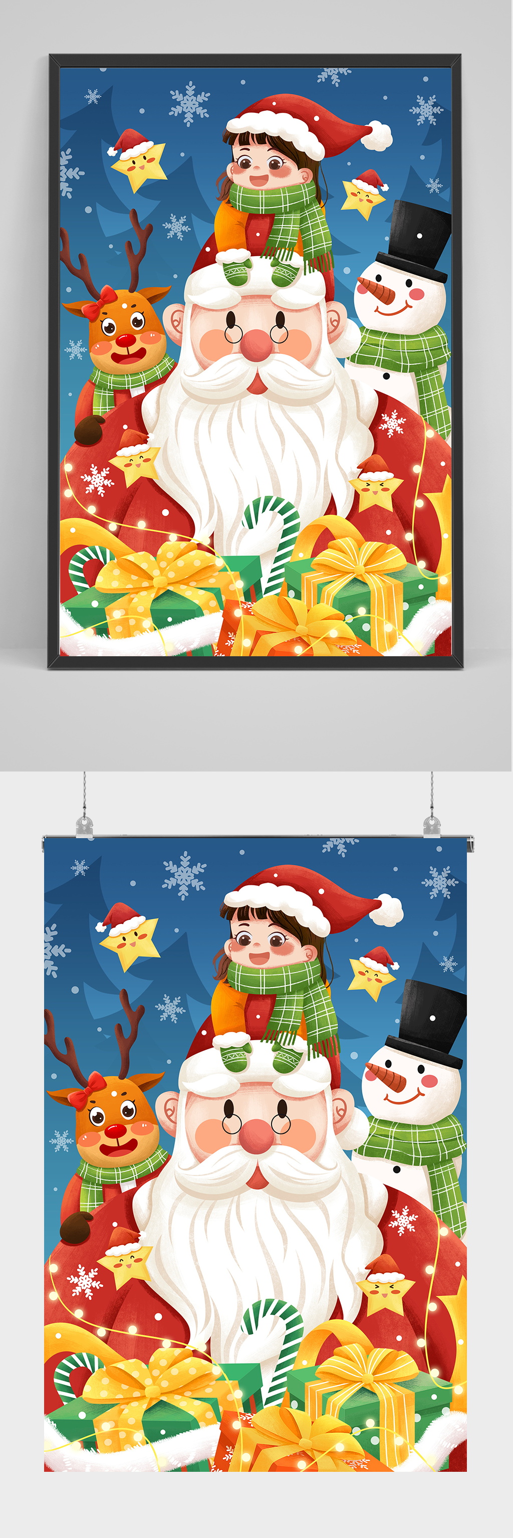 圣诞节圣诞老人女孩与麋鹿雪人插画素材