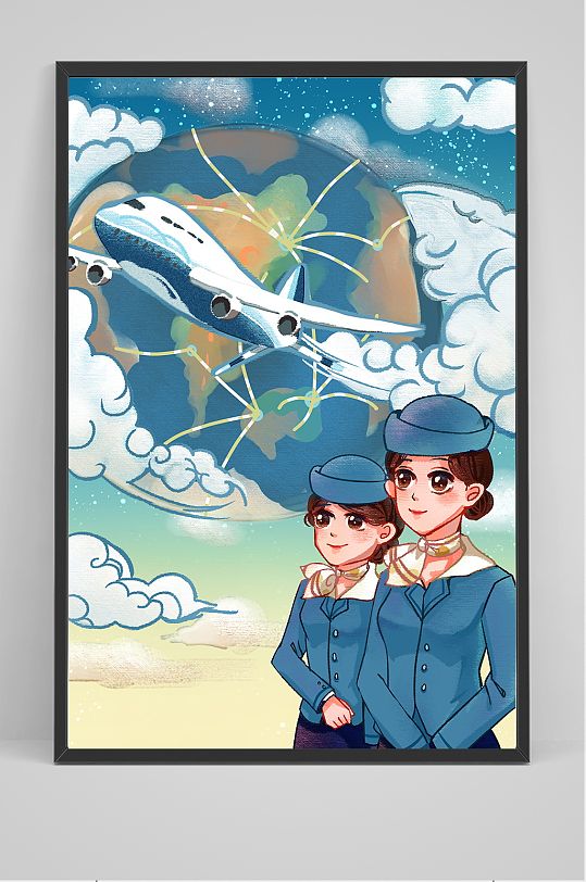 国际民航日空姐看天空飞机插画-众图网
