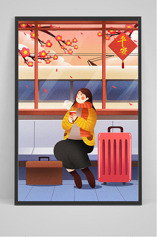 等待火车的女孩插画设计-众图网