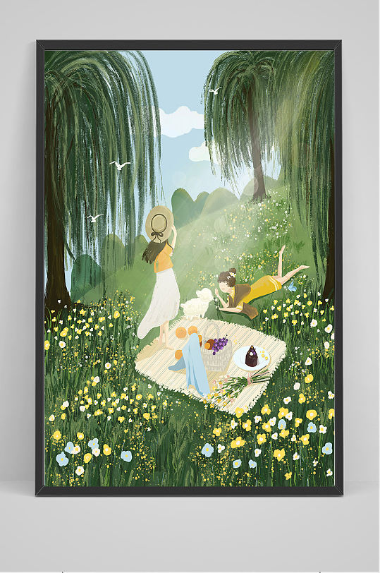 精品女孩野餐手绘插画设计