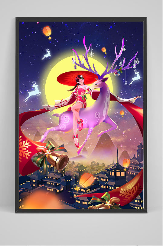 唯美梦幻女子骑着麋鹿插画设计-众图网