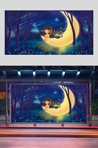 夜晚月亮上的女孩和小猫插画设计
