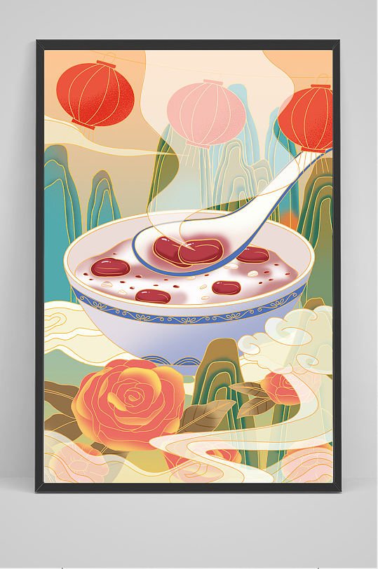 精品新中式腊八粥插画设计
