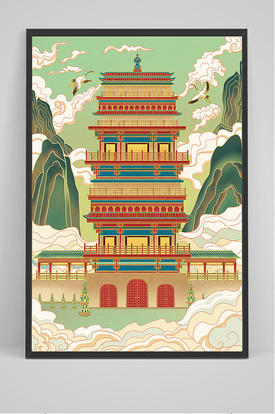 精品新中式国潮建筑插画设计-众图网