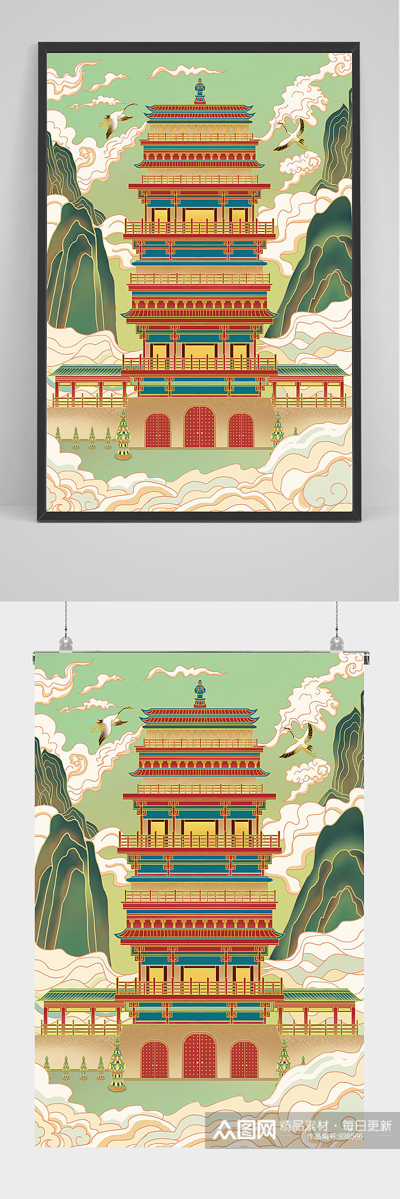 精品新中式国潮建筑插画设计素材