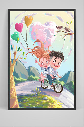 精品男孩骑单车带着女孩插画设计