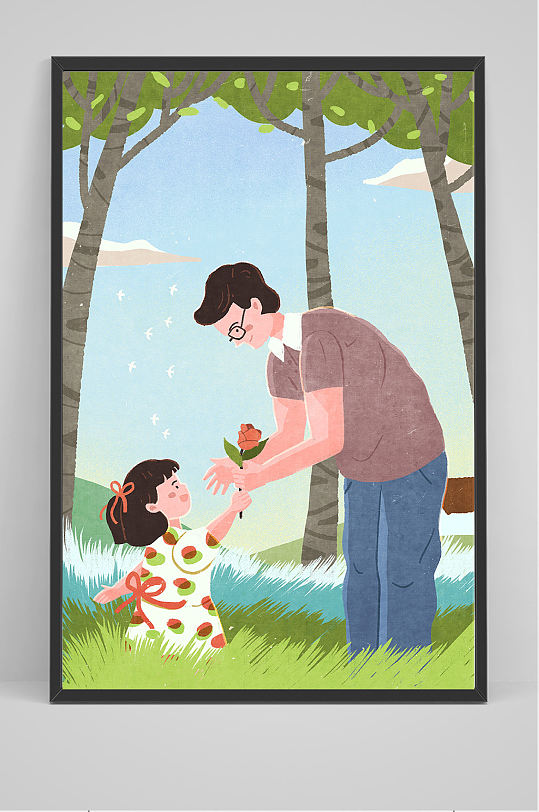 女孩给爸爸鲜花插画设计-众图网