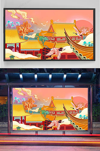 国潮中国建筑仙鹤插画设计