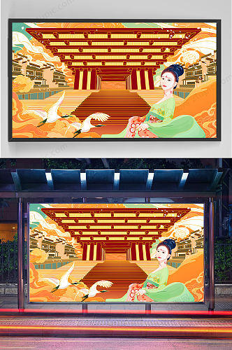 中式古典美女仙鹤插画设计