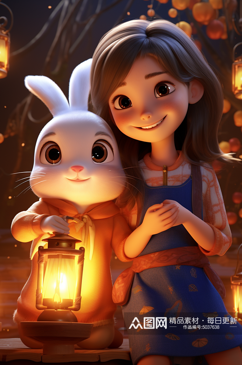 AI数字艺术可爱女孩与兔子3D卡通图片素材
