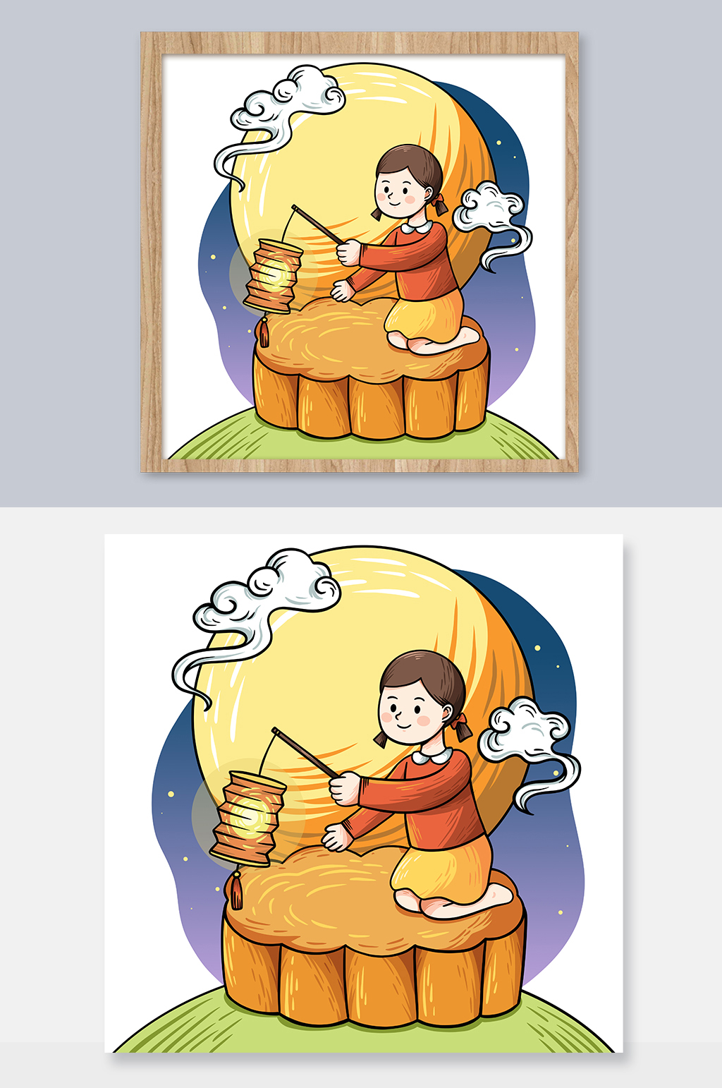 国潮中秋女孩灯笼月饼插画素材