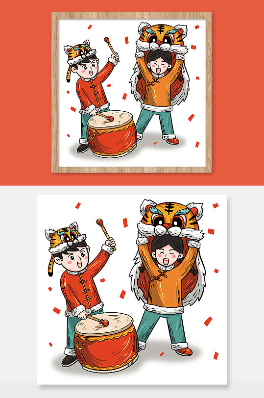 国潮虎年新年插画打鼓舞老虎