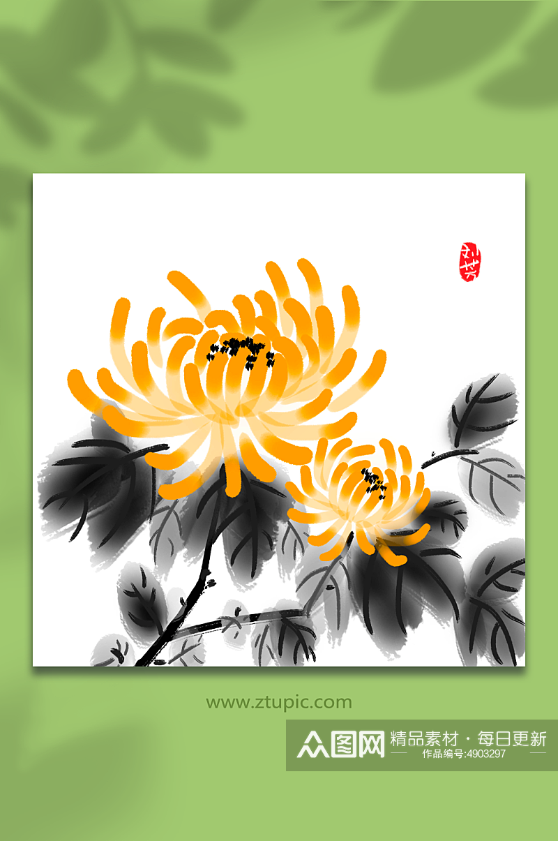 中国风水墨写意手绘菊花插画素材