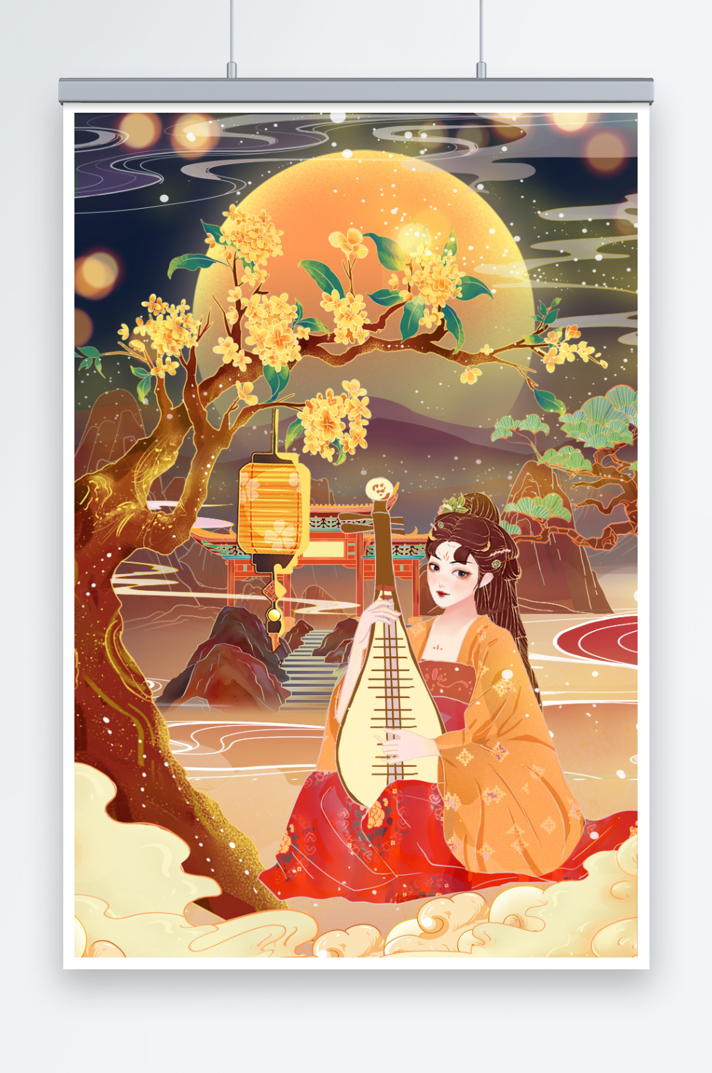国潮中国风唯美中秋节美女插画素材