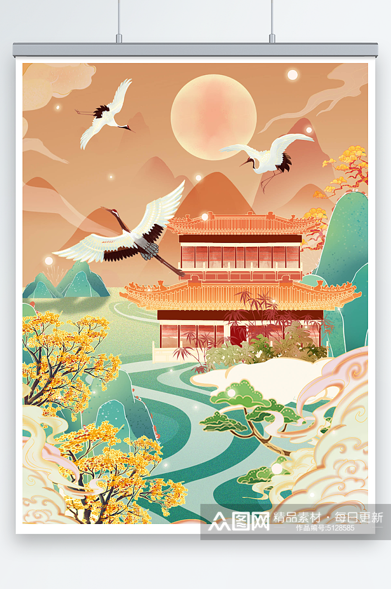 中国风国潮山水建筑重阳节插画素材