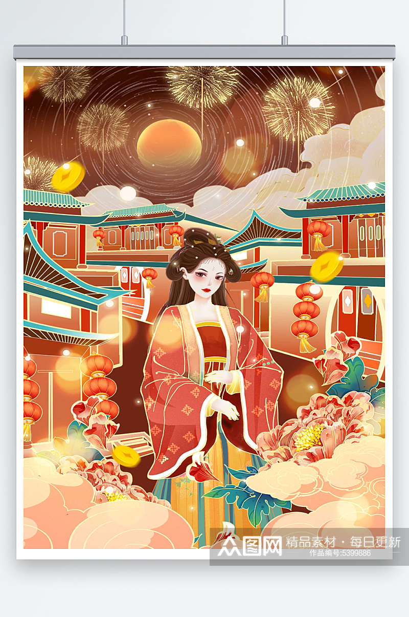 中国风2024新年春节美女插画素材