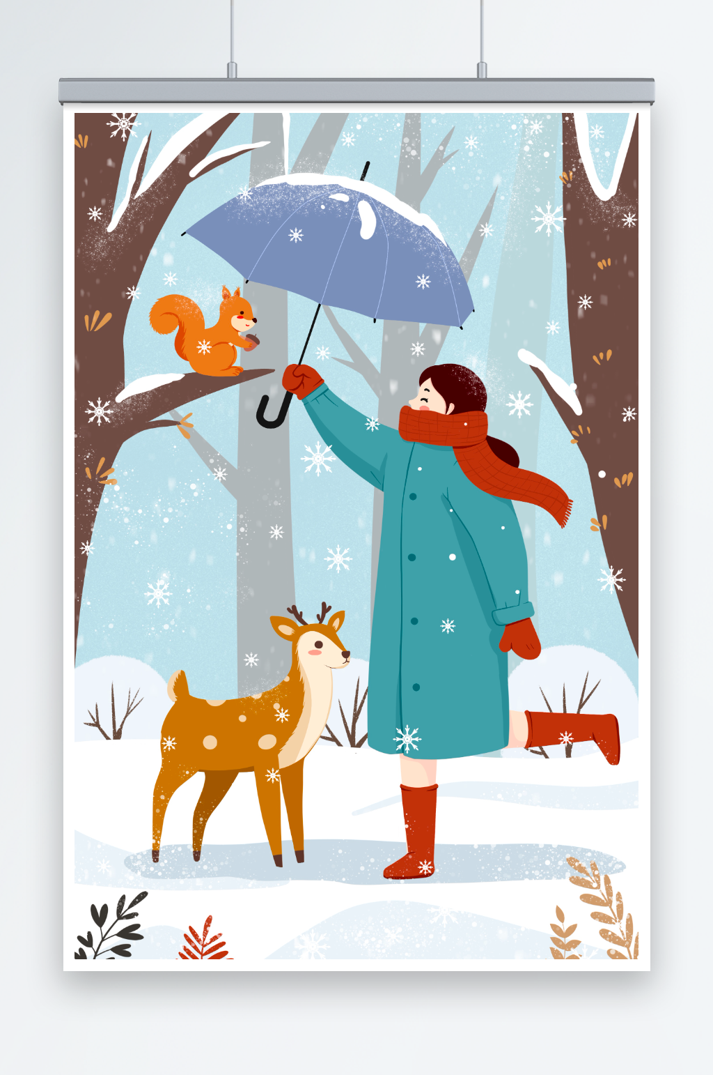 小清新女孩小动物雪天撑伞插画素材