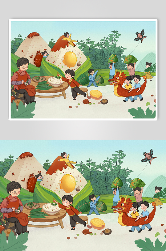 端午节团圆包粽子儿童欢乐插画