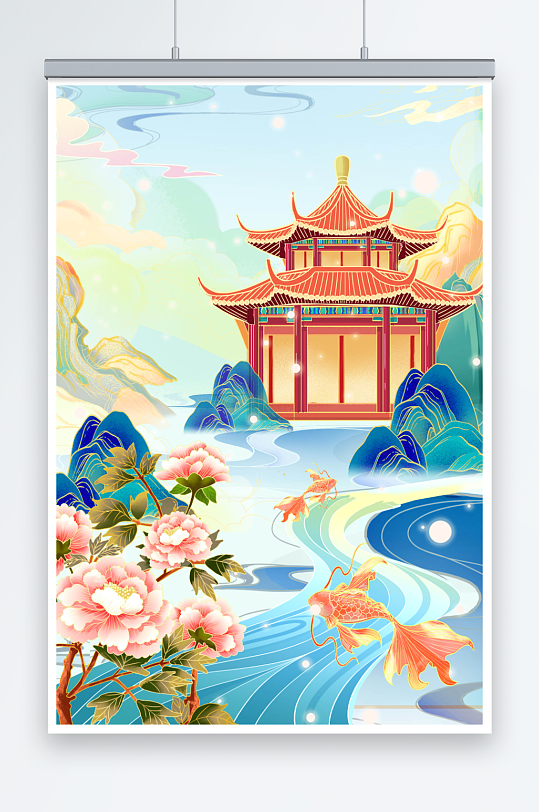 中国风国潮春季季节风景建筑插画