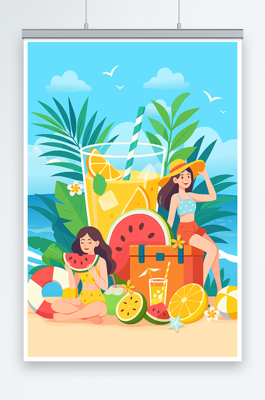 夏日清凉海滩水果饮品运营插画