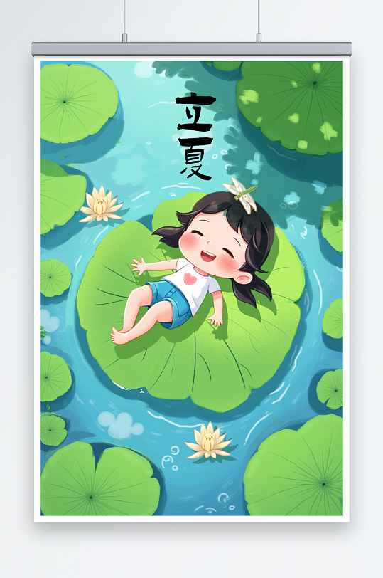 夏季节气插画立夏小女孩躺在荷叶上-众图网