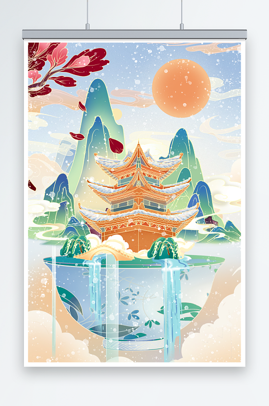 中国风国潮冬季国风山水建筑插画海报-众图网