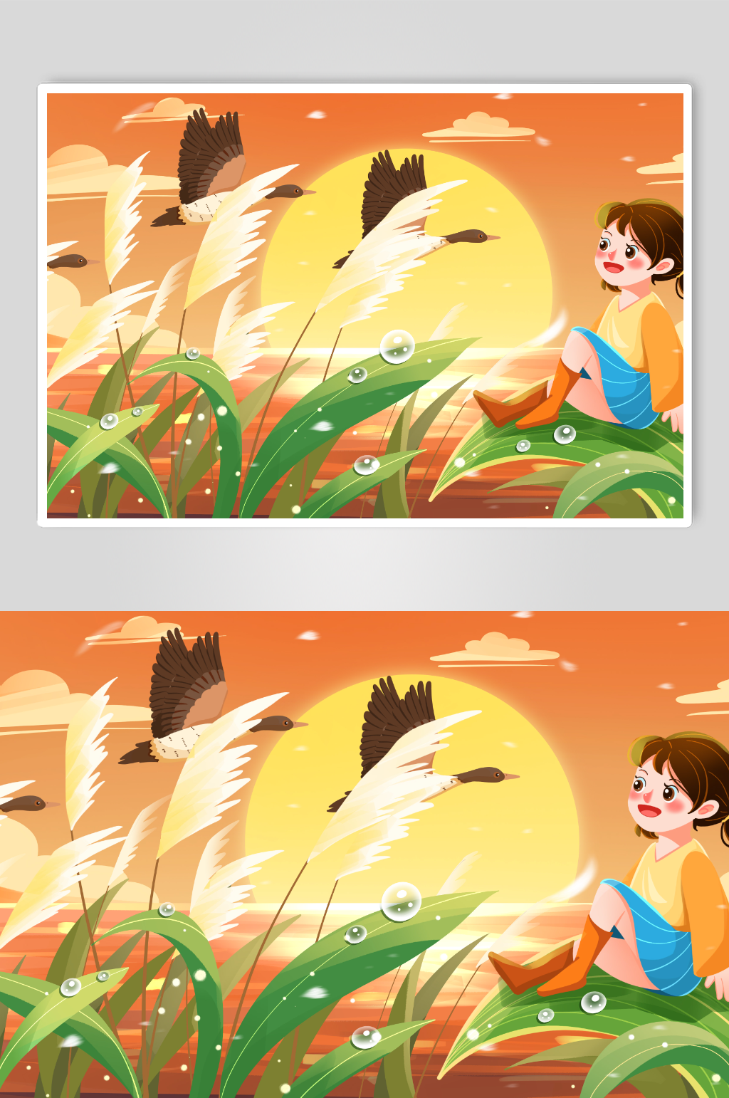 清新唯美夕阳白露赏风景插画素材