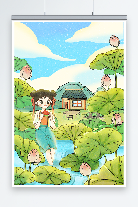 綠色小清新治愈水彩小暑節(jié)氣插畫