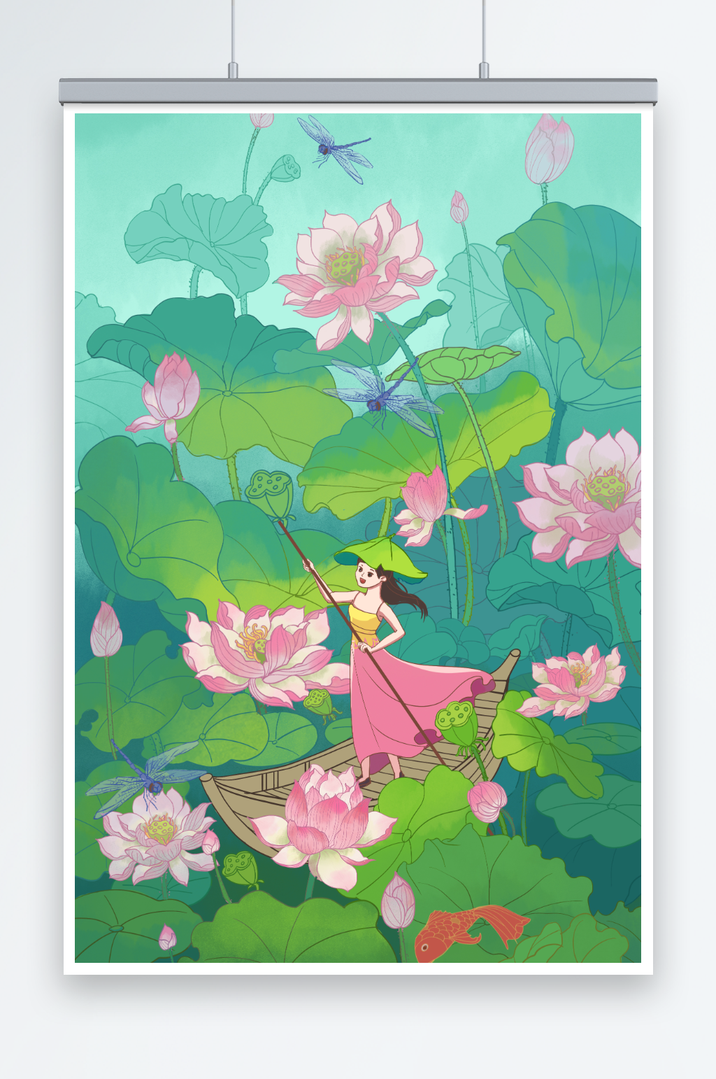 夏季夏至荷塘清凉荷花撑船插画素材