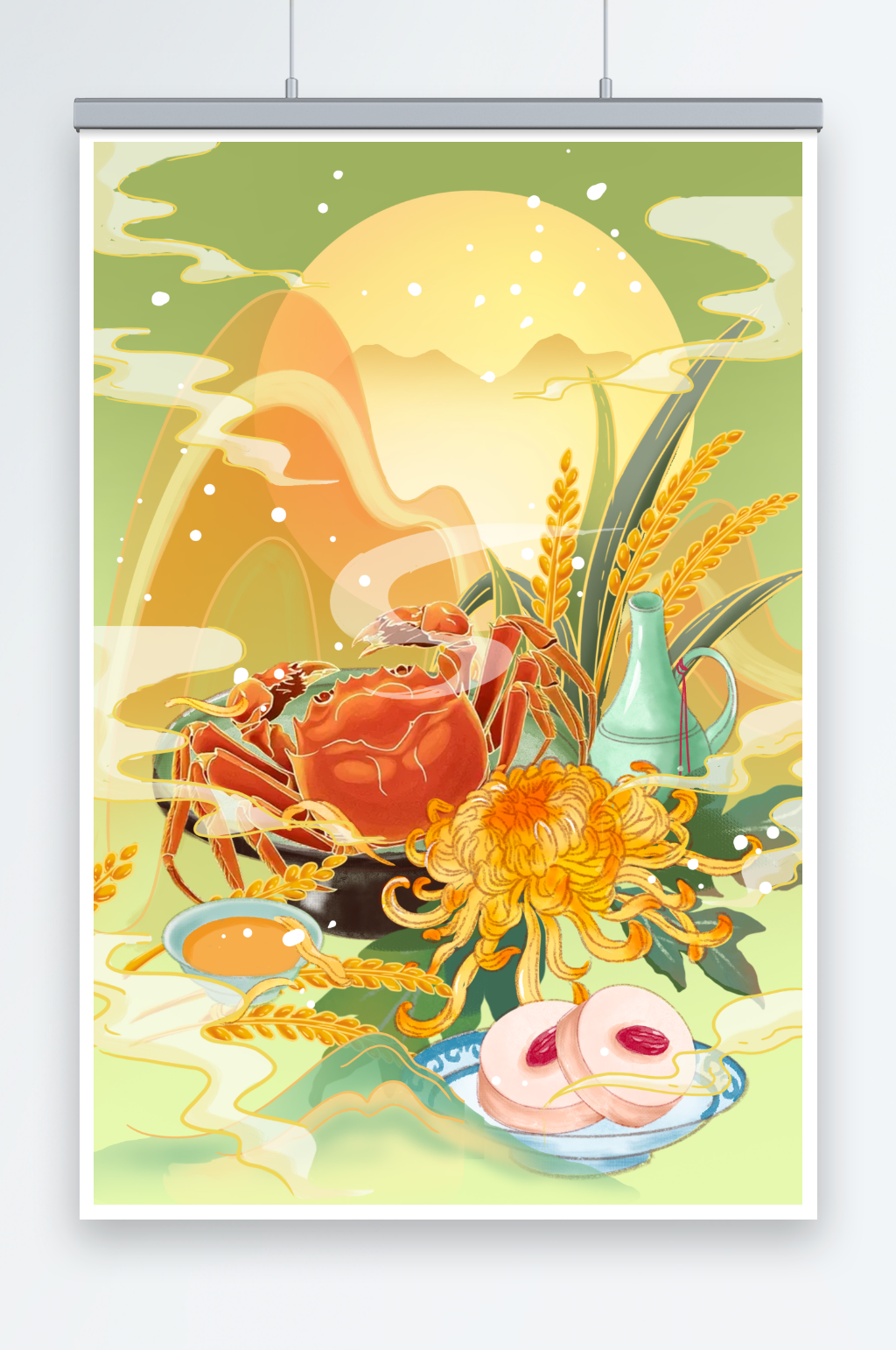 中国风秋天插画丰收季节螃蟹美酒素材