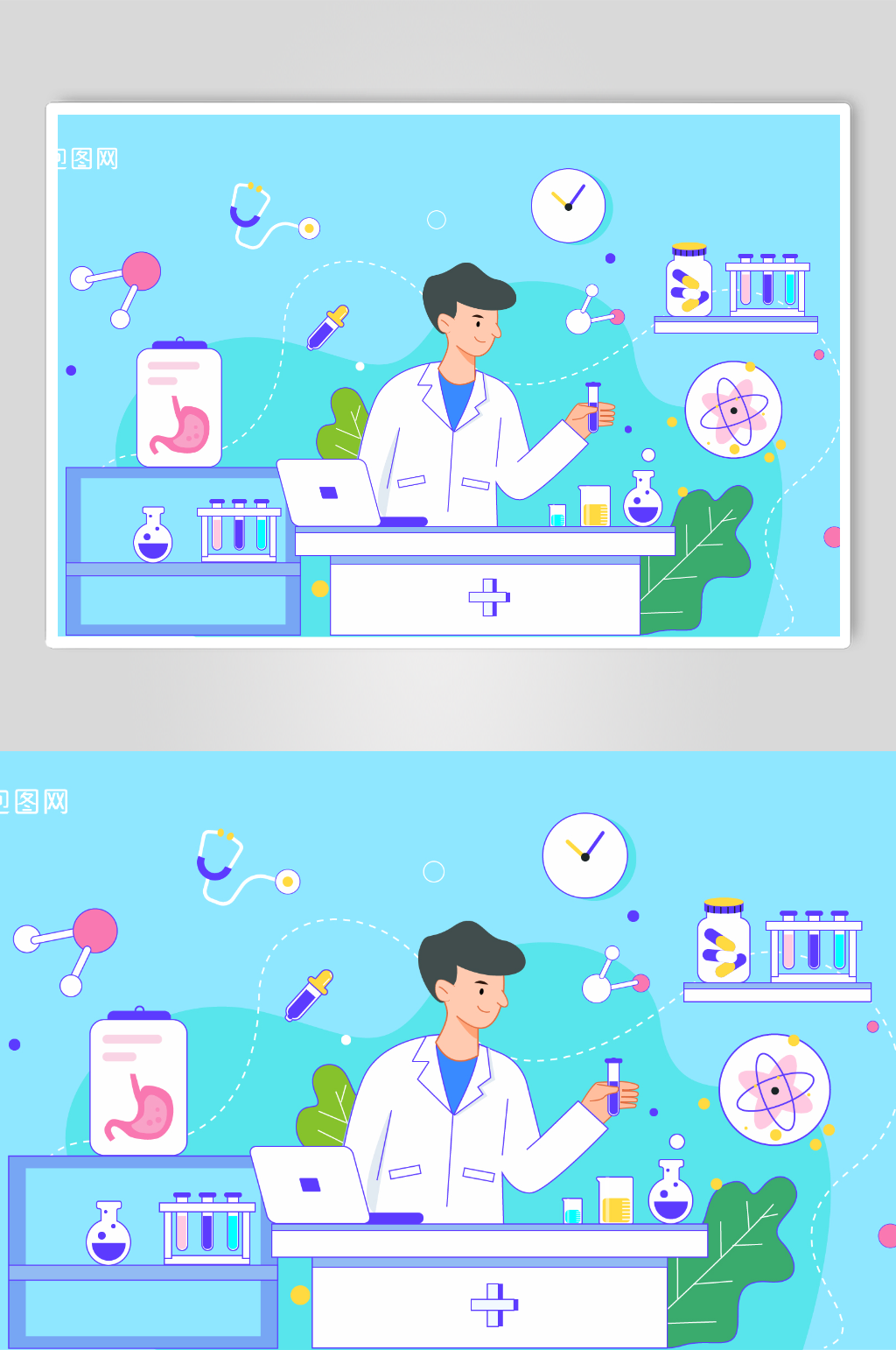 蓝色医疗健康医生网页插画素材