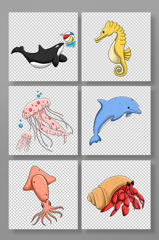 可爱生动写实的卡通海底动物元素插画-众图网