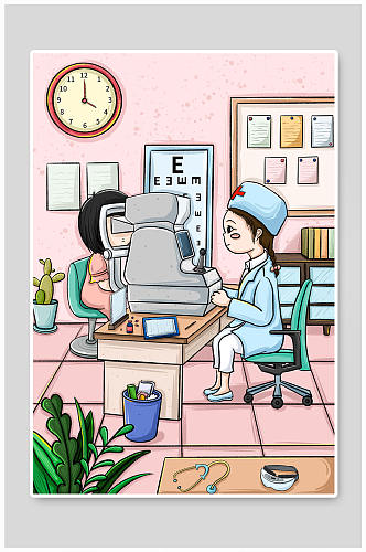 粉色卡通可爱预防近视眼睛医生爱眼人物插画