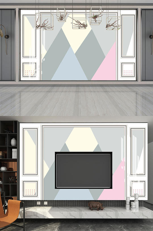 几何带框电视背景墙