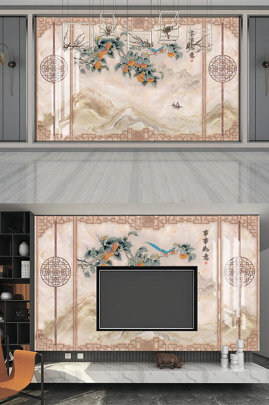 事事如意手绘柿子装饰画电视机背景墙-众图网