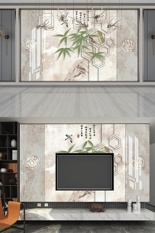 琉璃竹子電視背景墻