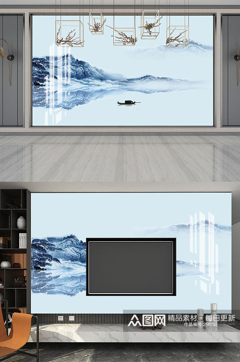 蓝色水墨山水电视背景墙素材